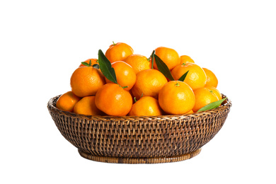 Photo of Basket of fresh juicy tangerines isolated on white