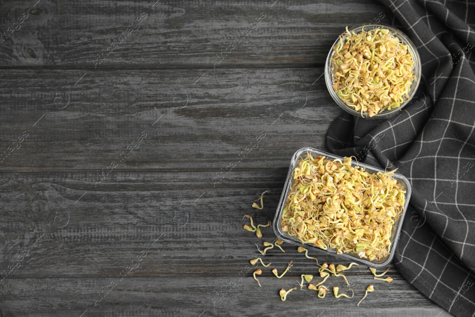 Photo of Flat lay composition with sprouted green buckwheat on dark wooden table, space for text