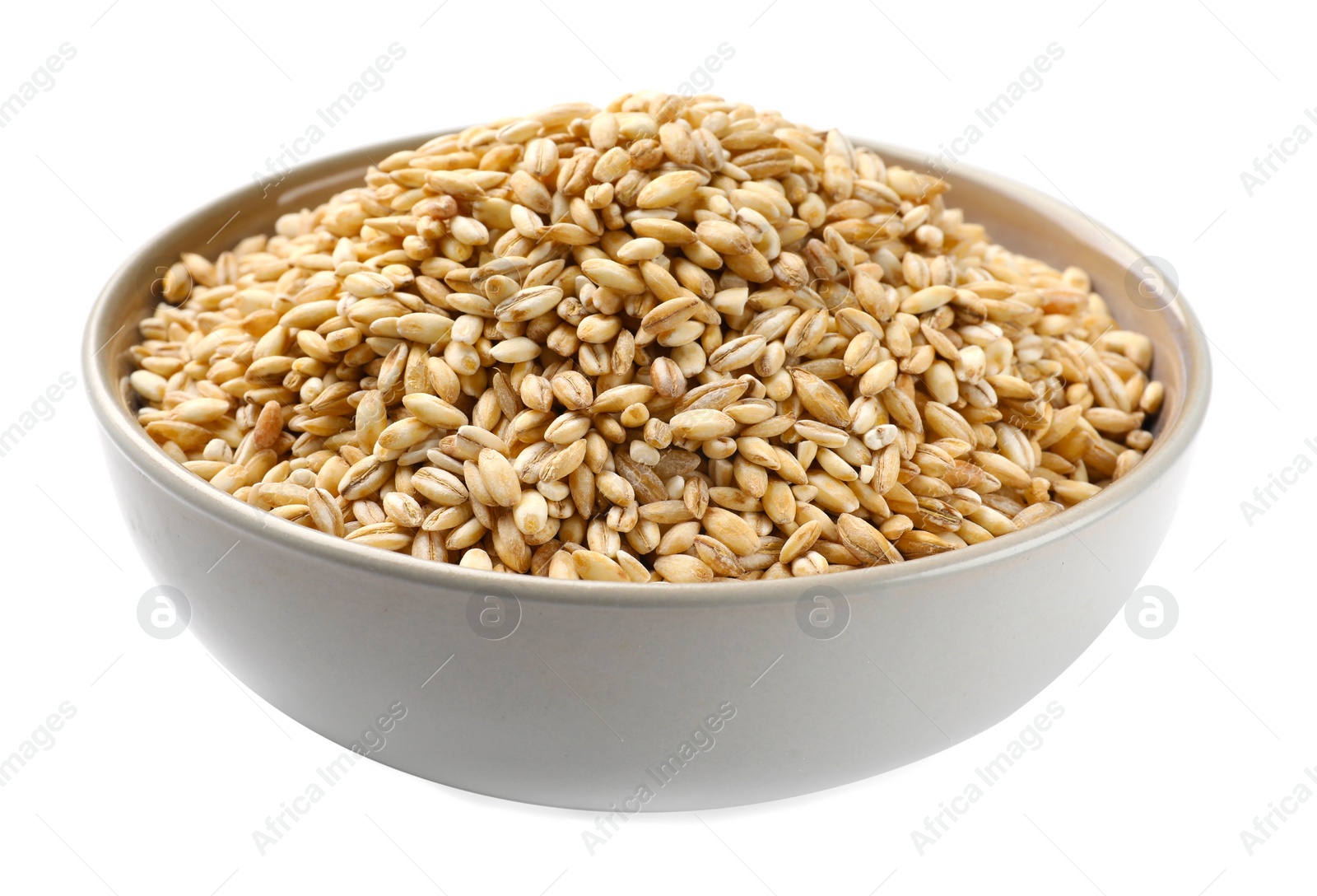 Photo of Dry pearl barley in bowl isolated on white