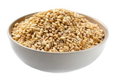 Photo of Dry pearl barley in bowl isolated on white