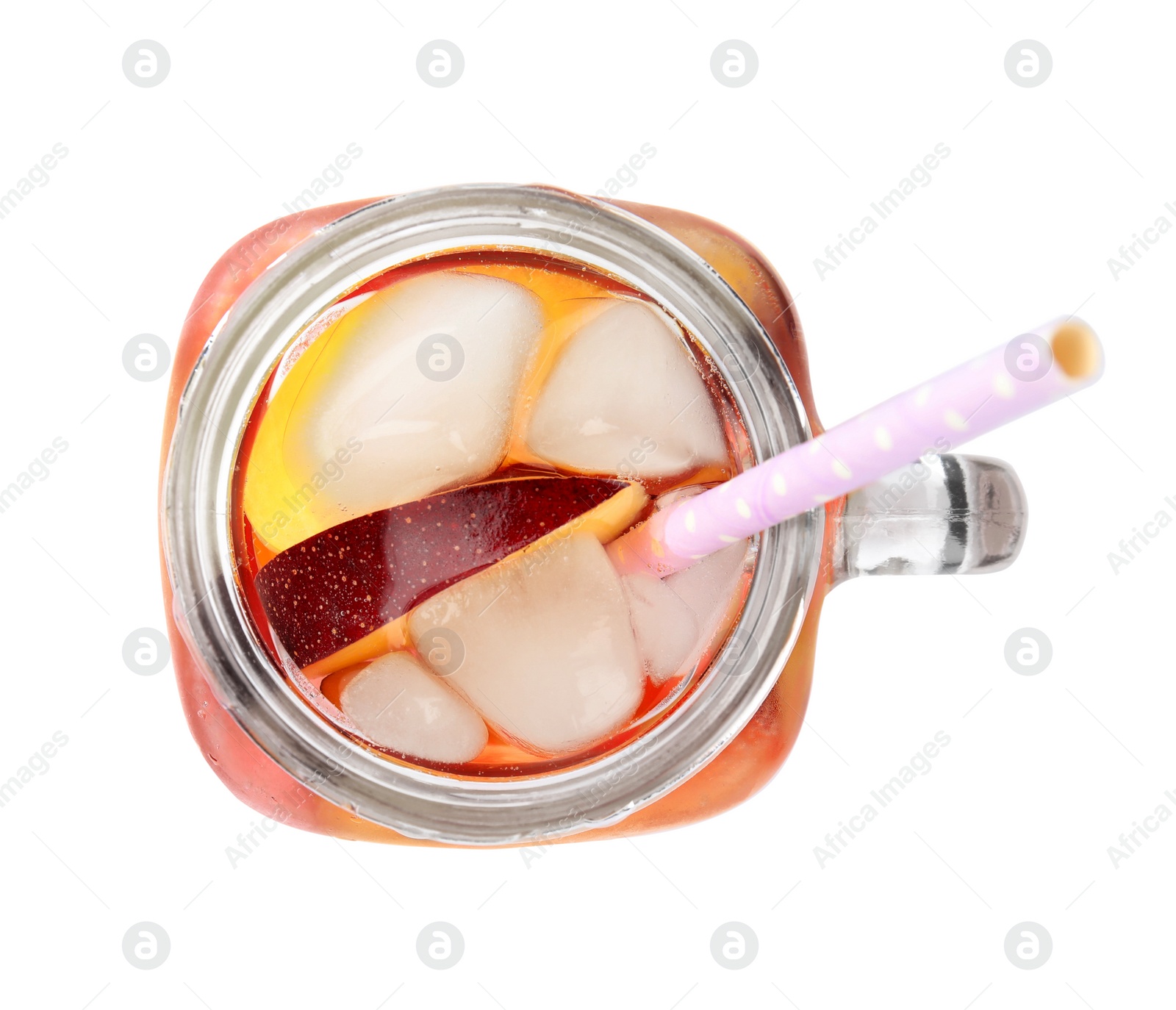 Photo of Delicious refreshing peach cocktail in mason jar on white background, top view