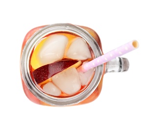 Photo of Delicious refreshing peach cocktail in mason jar on white background, top view