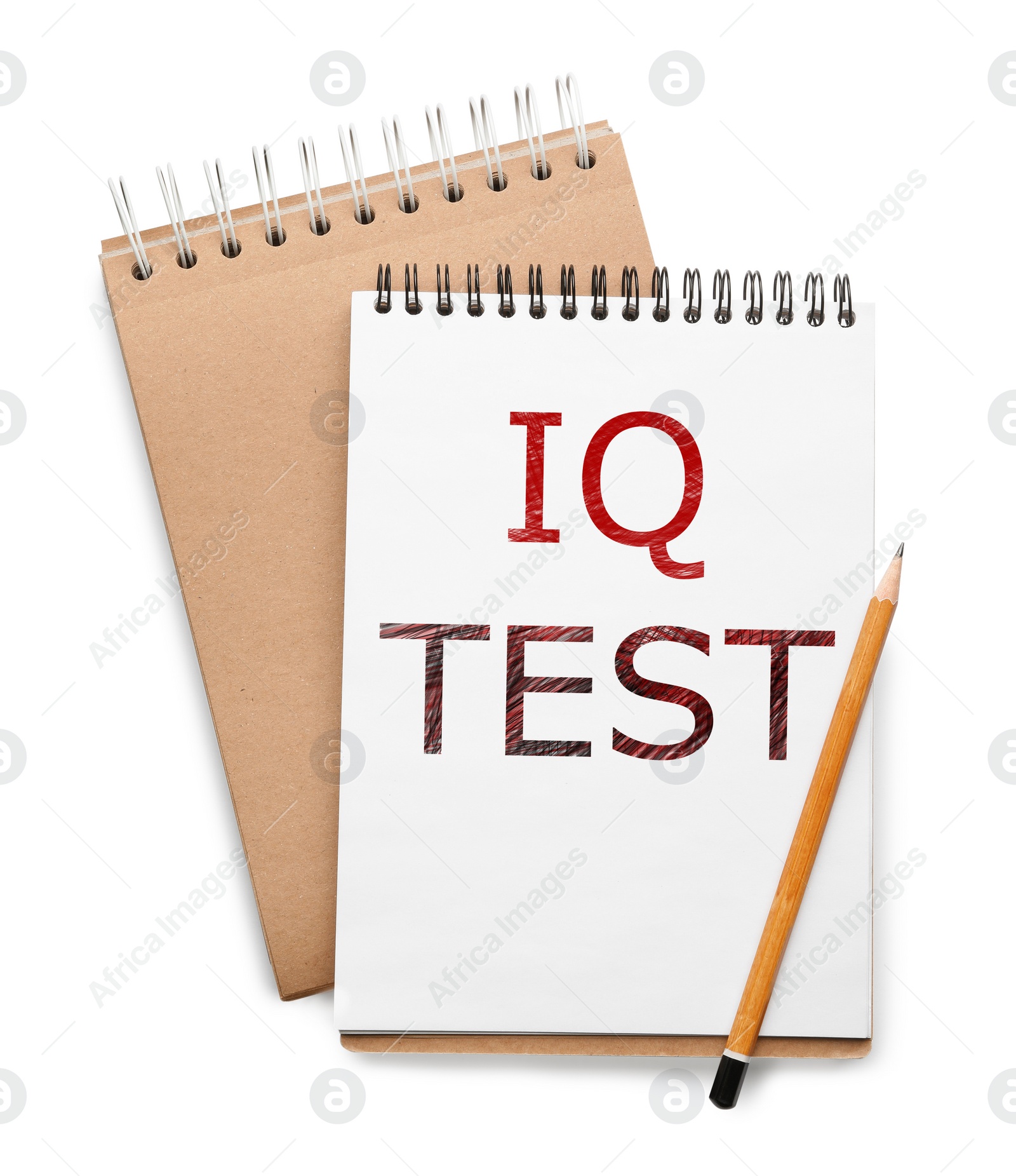 Image of Notebook with text IQ Test and pencil on white background, top view