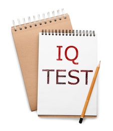 Image of Notebook with text IQ Test and pencil on white background, top view