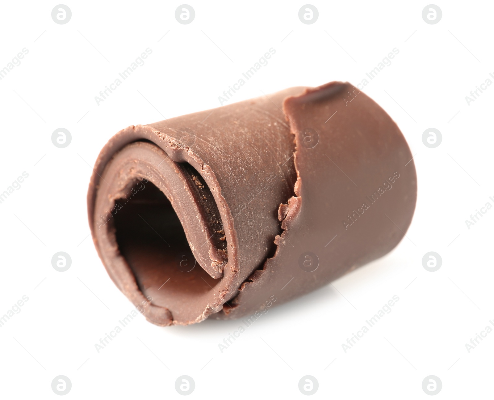 Photo of Yummy chocolate curl for decor on white background