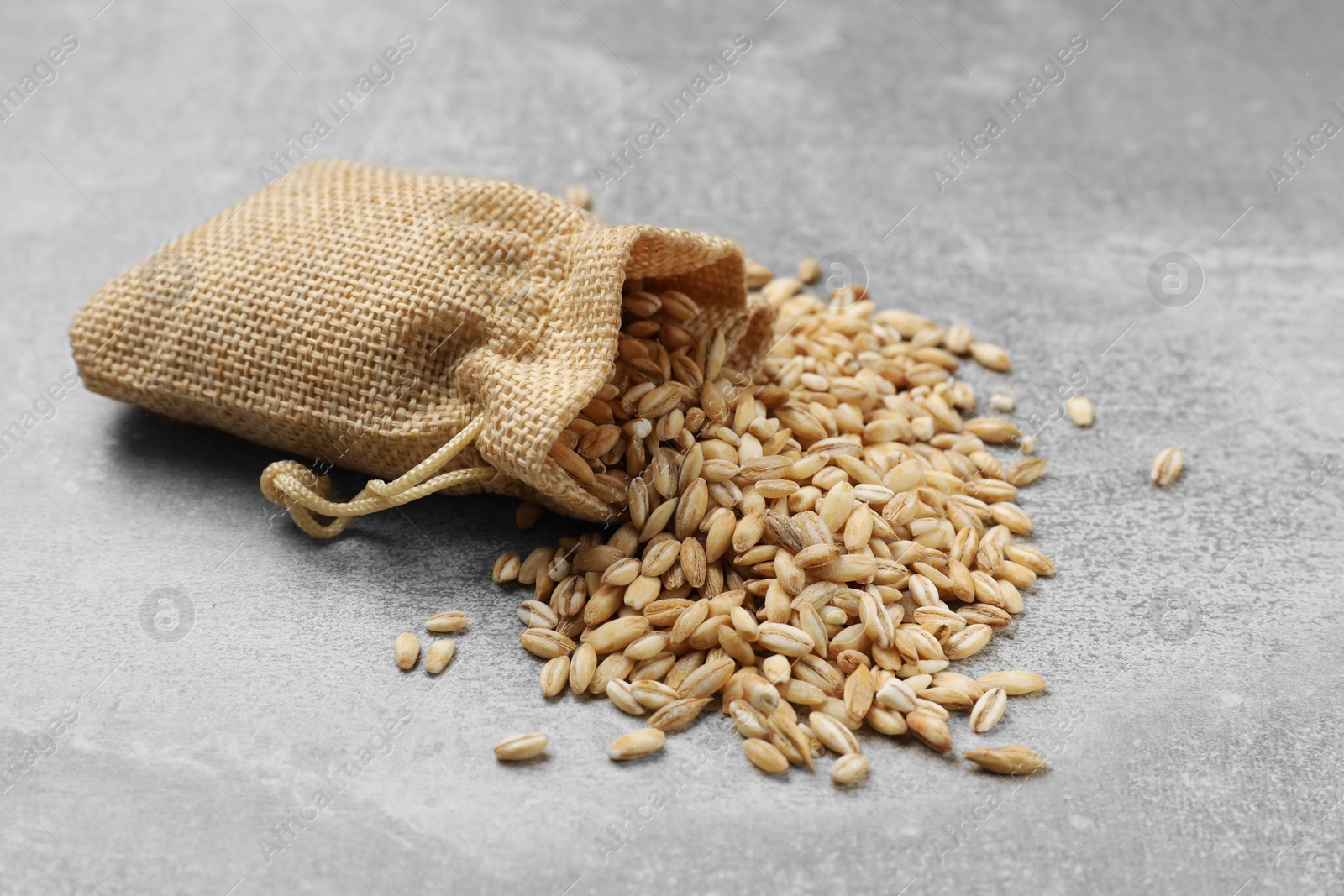 Photo of Bag with dry pearl barley on gray table, closeup