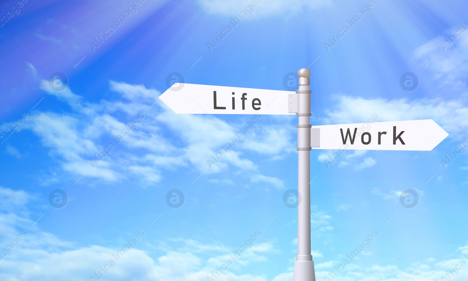 Image of Signpost against beautiful blue sky, space for text . Concept of balance between work and life