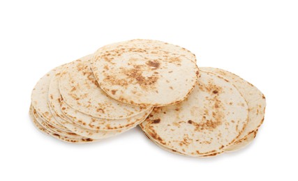 Photo of Many tasty homemade tortillas isolated on white