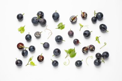 Fresh ripe juicy grapes on white background, top view