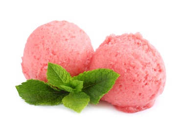 Photo of Scoops of delicious strawberry ice cream with mint on white background