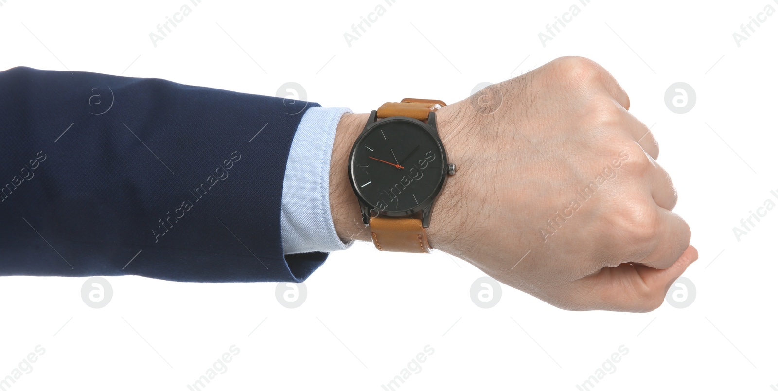 Photo of Businessman wearing wristwatch on white background, closeup. Time management