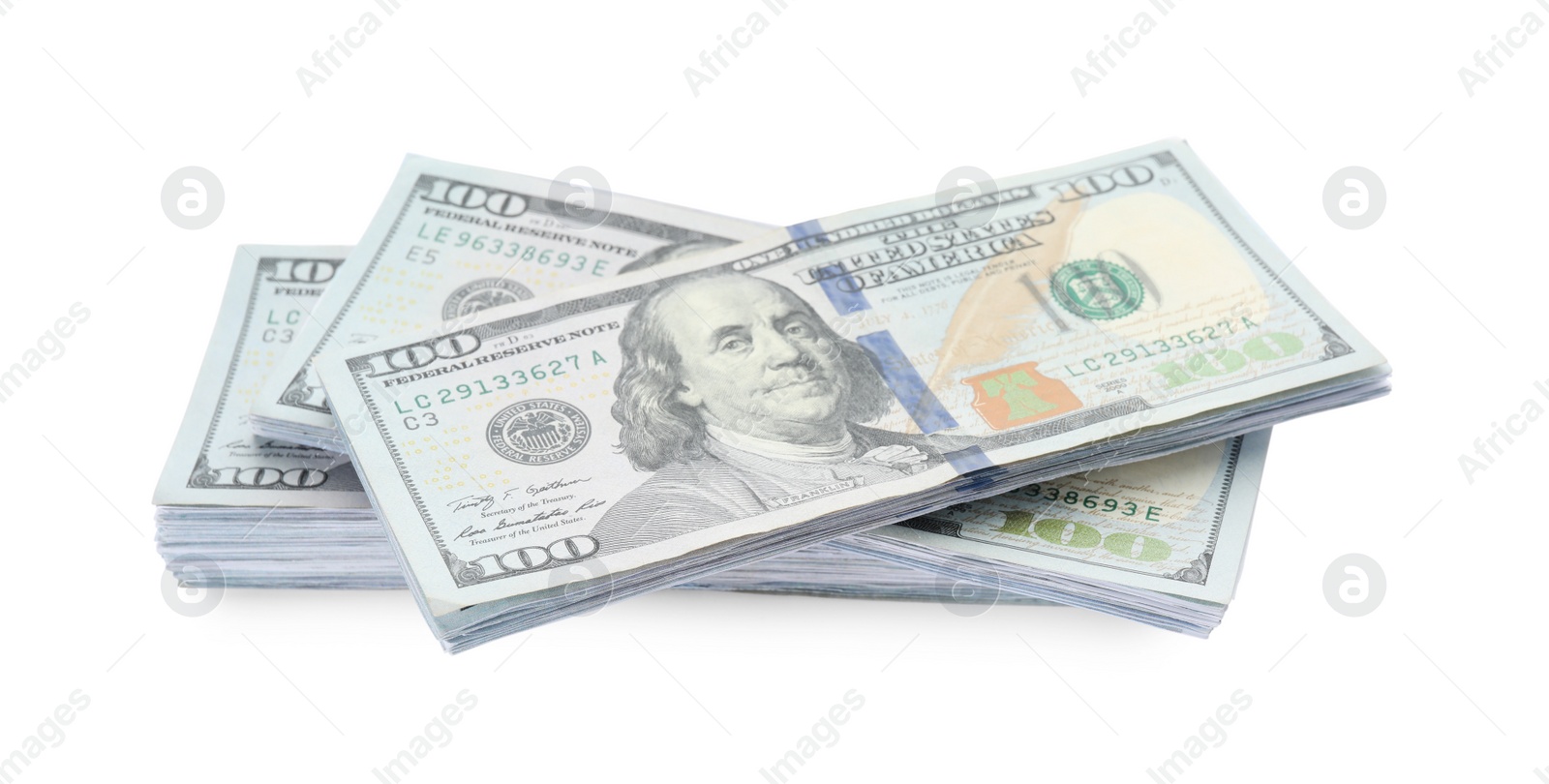 Photo of Stack of dollar banknotes on white background. American national currency