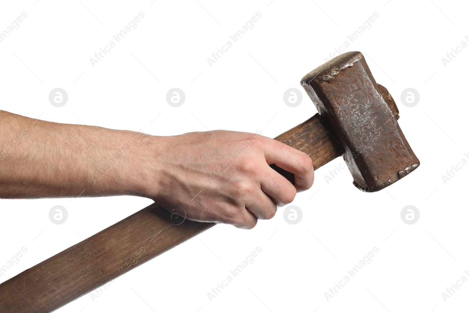 Photo of Man with sledgehammer on white background, closeup