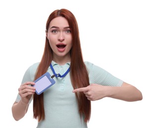 Photo of Shocked woman pointing at vip pass badge on white background