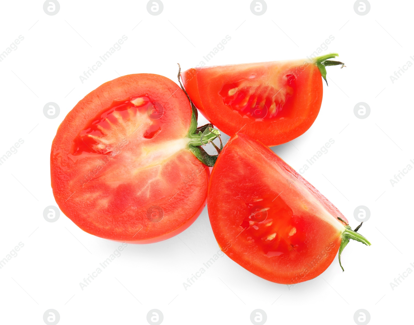 Photo of Cut ripe red tomato on white background