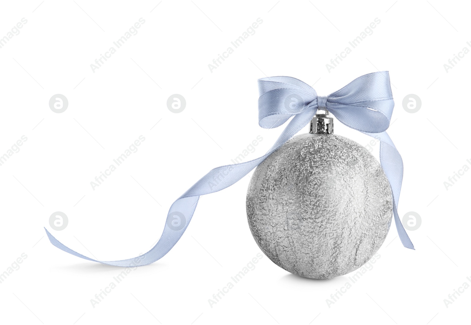 Photo of Beautiful silver Christmas ball with ribbon isolated on white