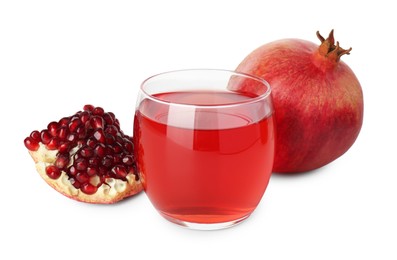 Photo of Refreshing pomegranate juice in glass and fruits isolated on white