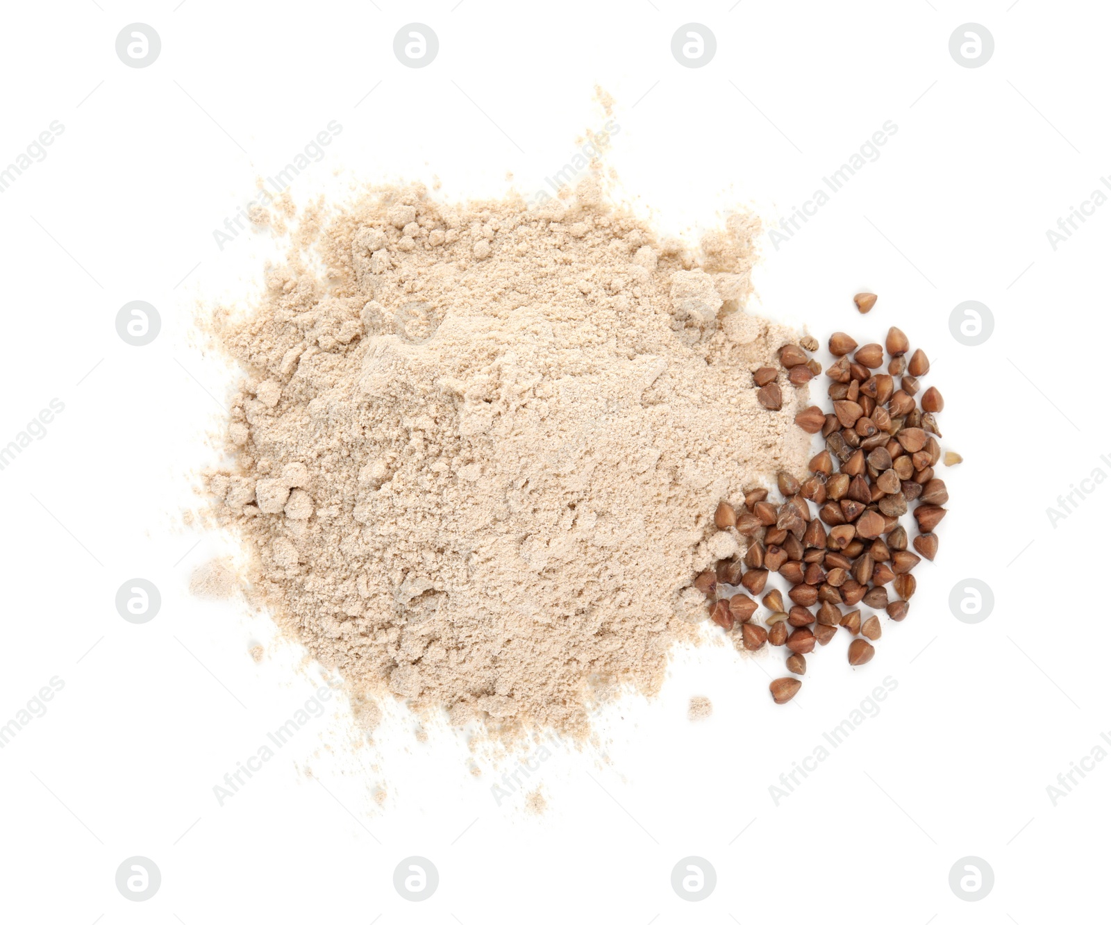 Photo of Pile of buckwheat flour and grains isolated on white, top view