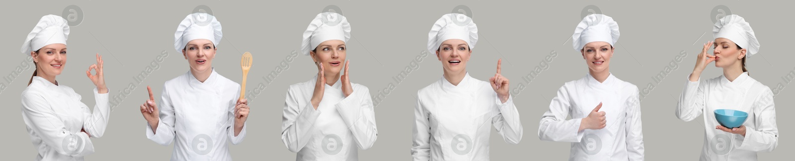 Image of Collage with photos of professional chef on grey background