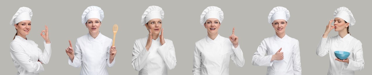 Image of Collage with photos of professional chef on grey background