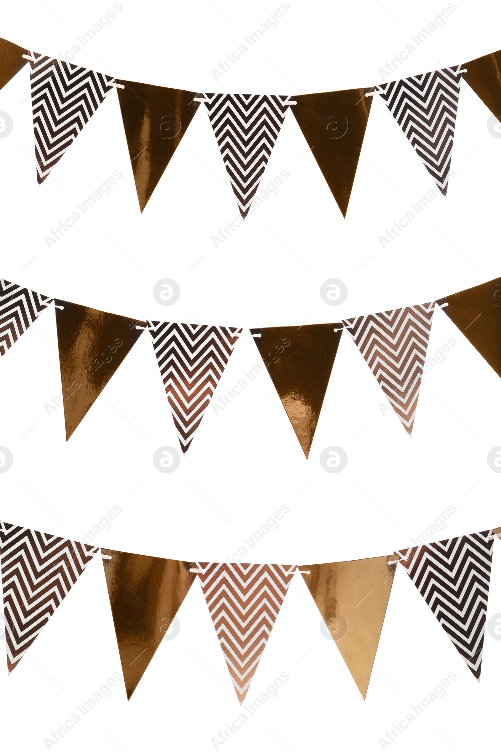 Photo of Rows of triangular bunting flags on white background. Festive decor