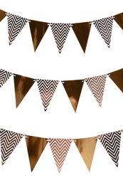 Rows of triangular bunting flags on white background. Festive decor