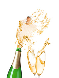 Image of Champagne splashing out of bottle and glasses on white background 