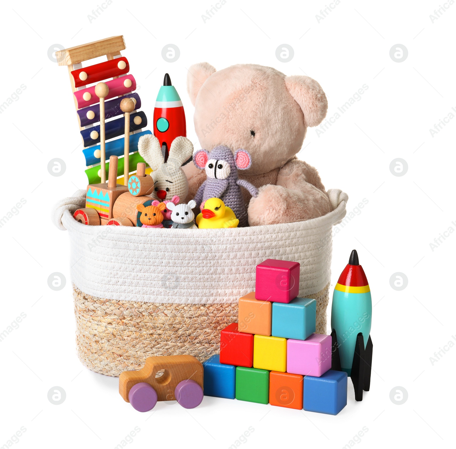 Photo of Set of different toys on white background
