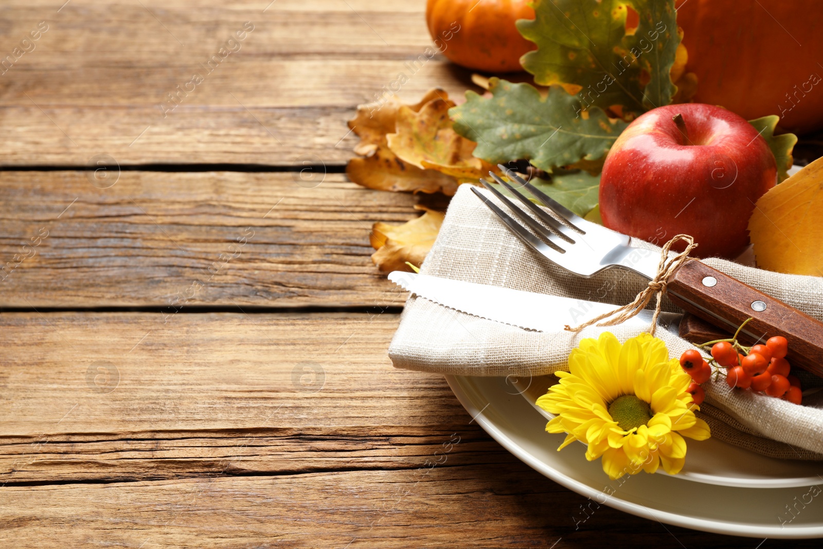 Photo of Festive table setting on wooden background, closeup with space for text. Thanksgiving Day celebration