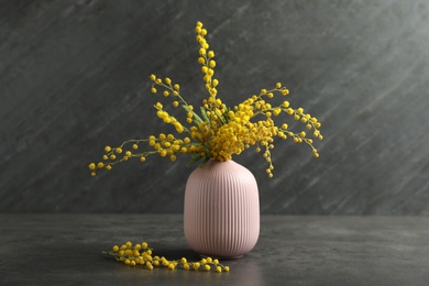 Bouquet of beautiful mimosa flowers on black background