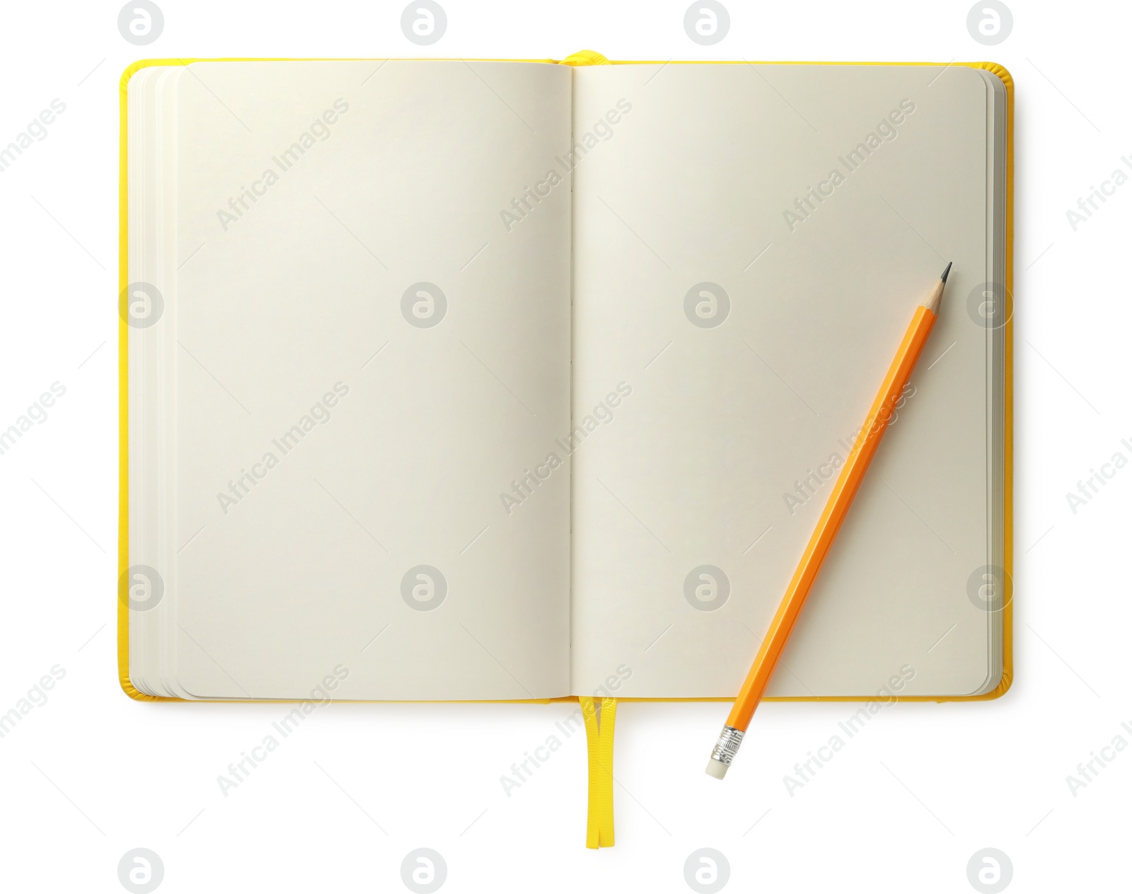 Photo of Open blank notebook with pencil isolated on white, top view