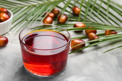 Photo of Palm oil in glass, tropical leaves and fruits on grey table. Space for text