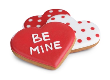 Photo of Delicious heart shaped cookies on white background. Valentine's Day