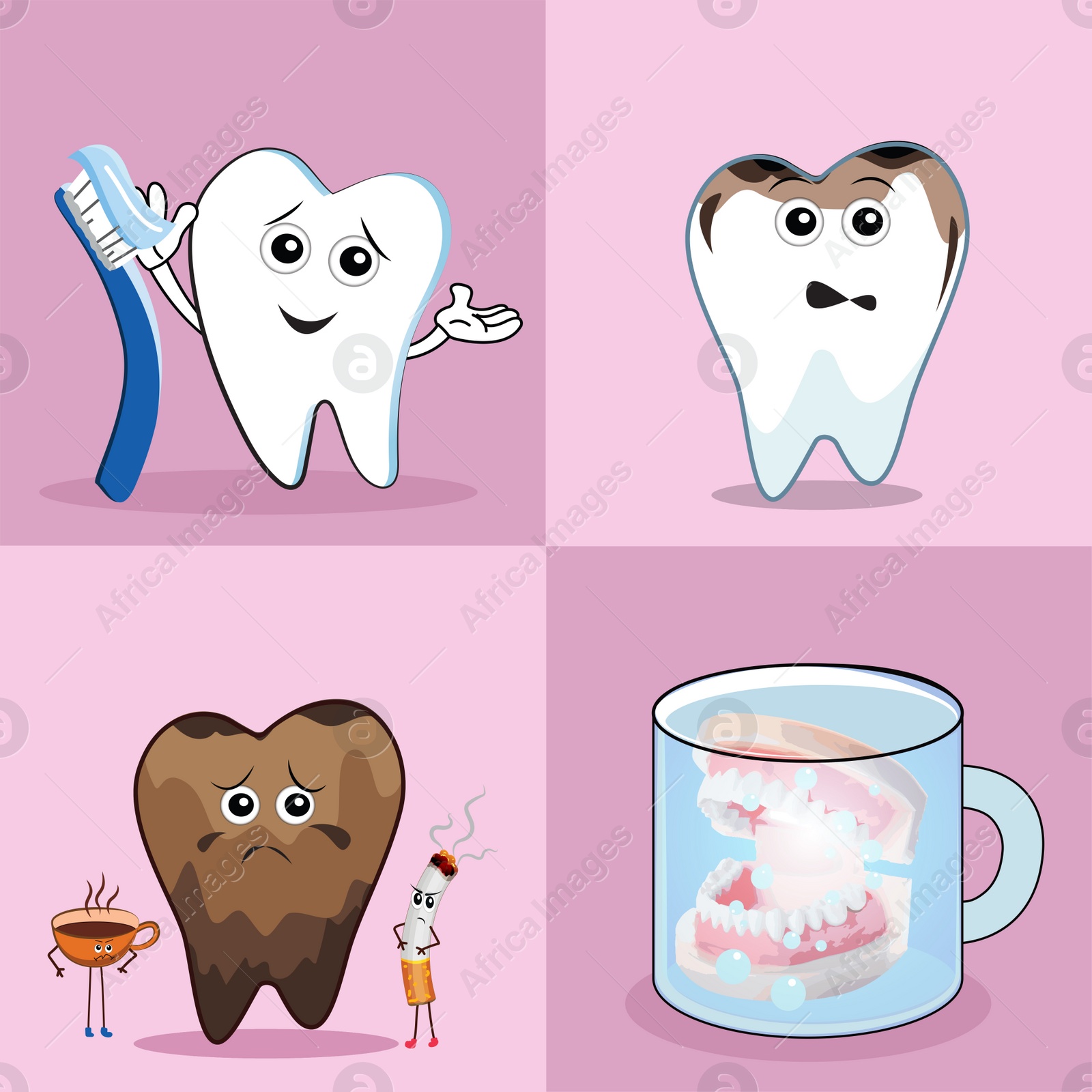 Illustration of Collage with healthy and unhealthy teeth on pink background, illustration. Dental care