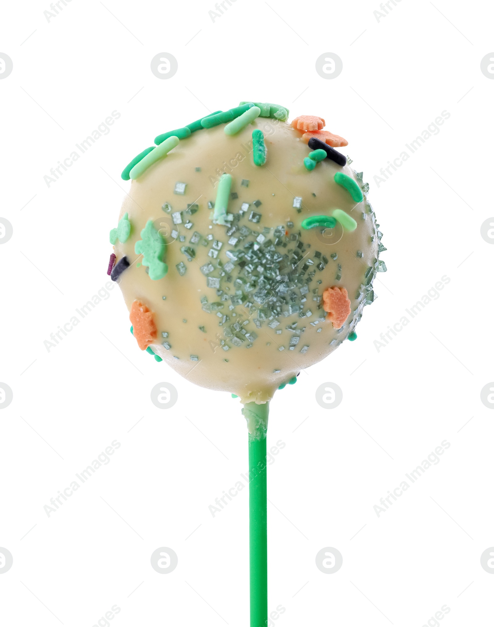 Photo of Sweet cake pop decorated with sprinkles isolated on white. Delicious confectionery