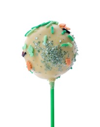 Photo of Sweet cake pop decorated with sprinkles isolated on white. Delicious confectionery