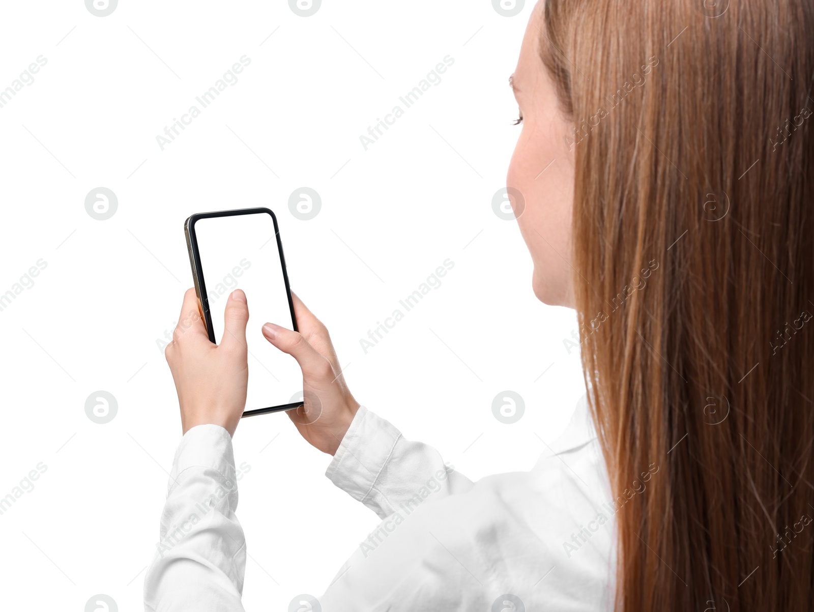 Photo of Woman typing message on smartphone against white background, closeup