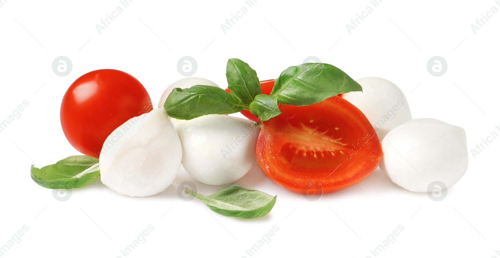 Photo of Delicious mozzarella, tomatoes and basil leaves on white background
