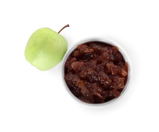 Photo of Bowl of delicious apple jam and fresh fruit isolated on white, top view