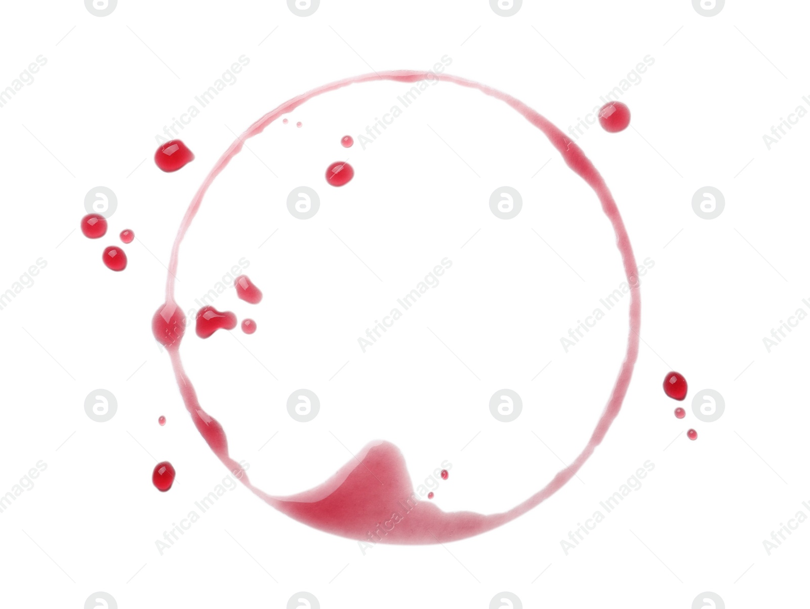 Photo of Red wine ring and drops on white background, top view