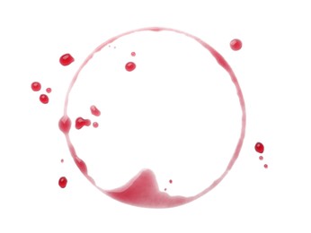 Photo of Red wine ring and drops on white background, top view