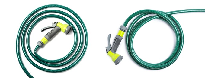 Image of Green rubber watering hoses on white background, top view. Banner design