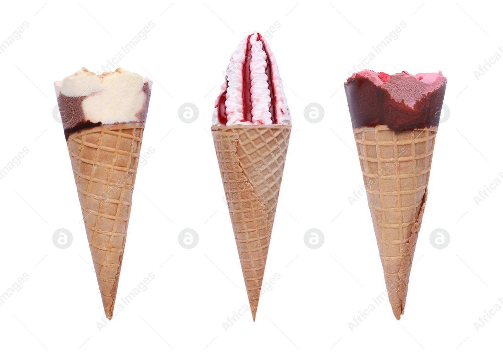 Image of Set of different ice creams in wafer cones isolated on white