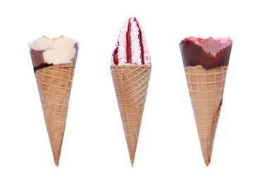 Set of different ice creams in wafer cones isolated on white