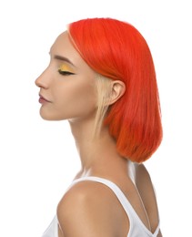 Photo of Beautiful young woman with bright dyed hair on white background