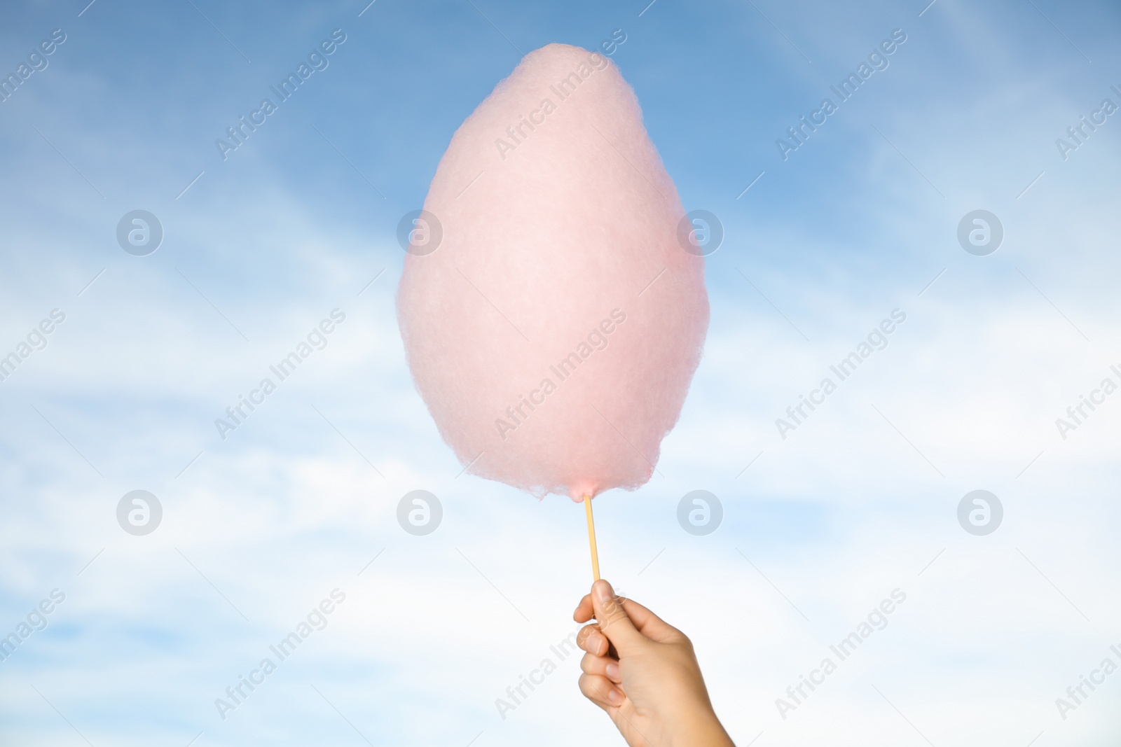 Photo of Woman holding sweet pink cotton candy on blue sky background, closeup view