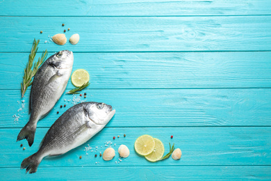 Flat lay composition with raw dorada fish on light blue wooden table, space for text