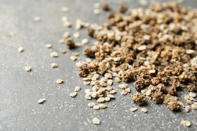 Mixed vegetable seeds on grey background, closeup