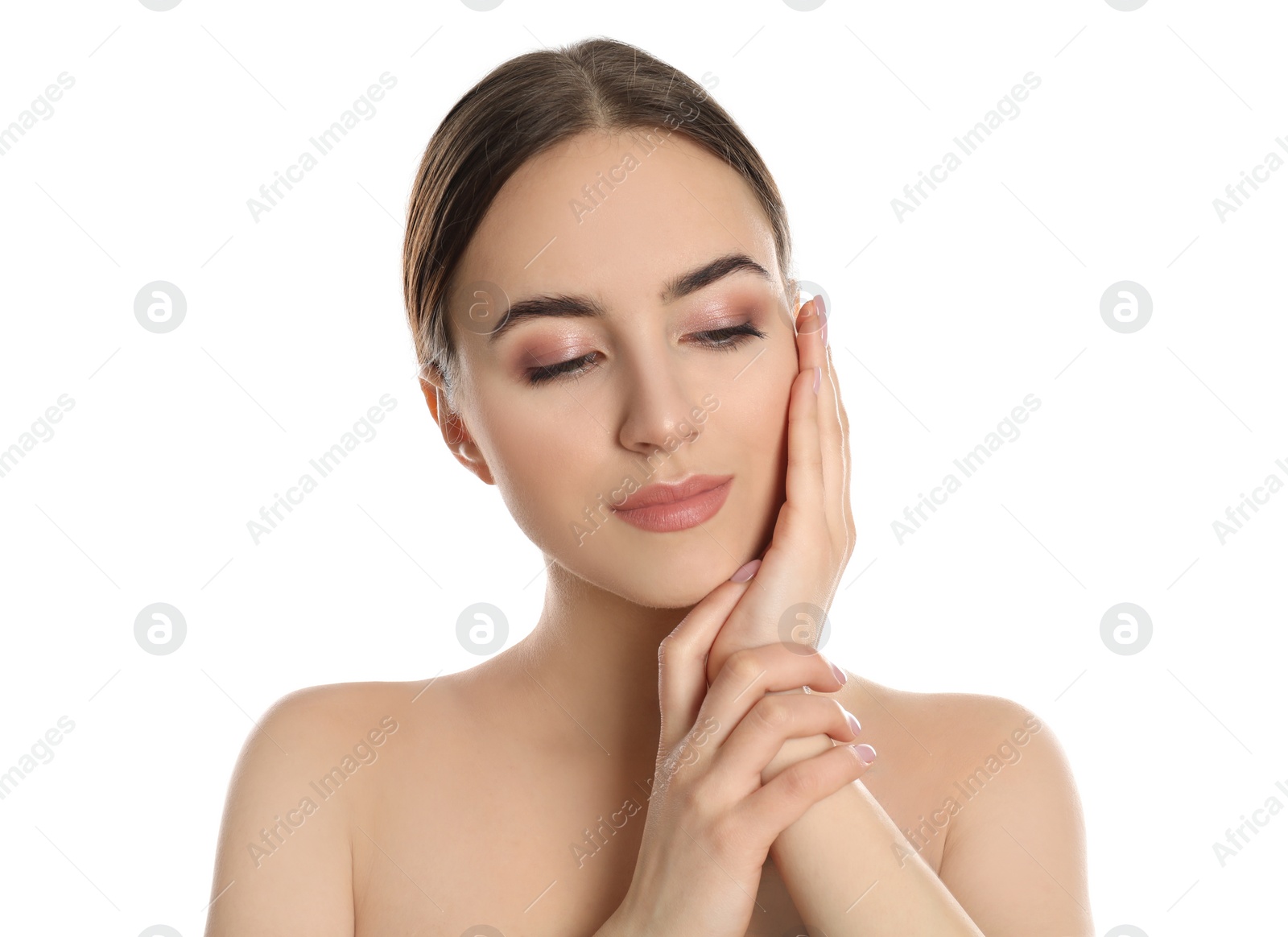 Photo of Portrait of young woman with beautiful face on white background