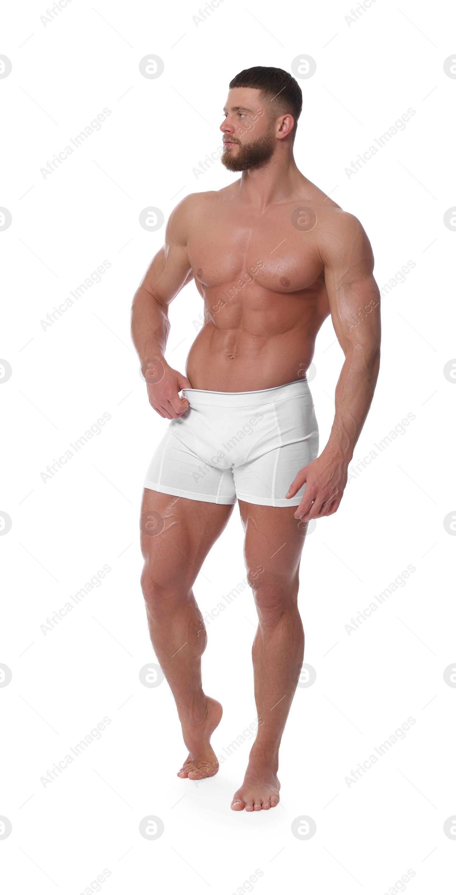 Photo of Young man is stylish underwear on white background